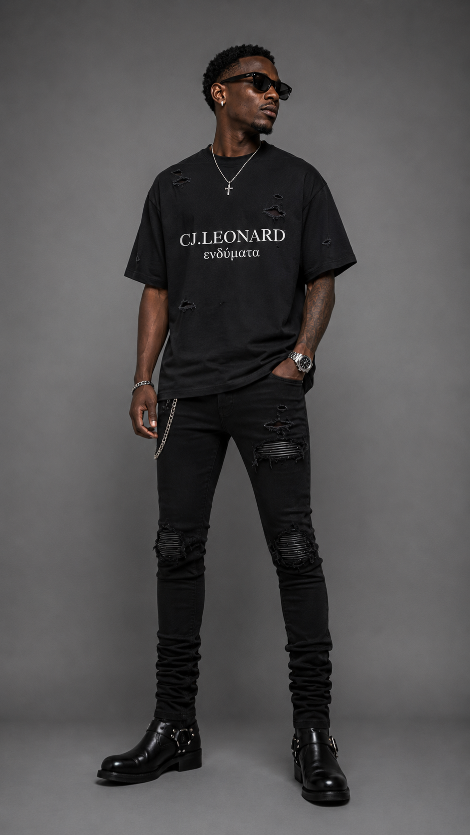 Black Signature Distressed Tee (Ships Immediately)