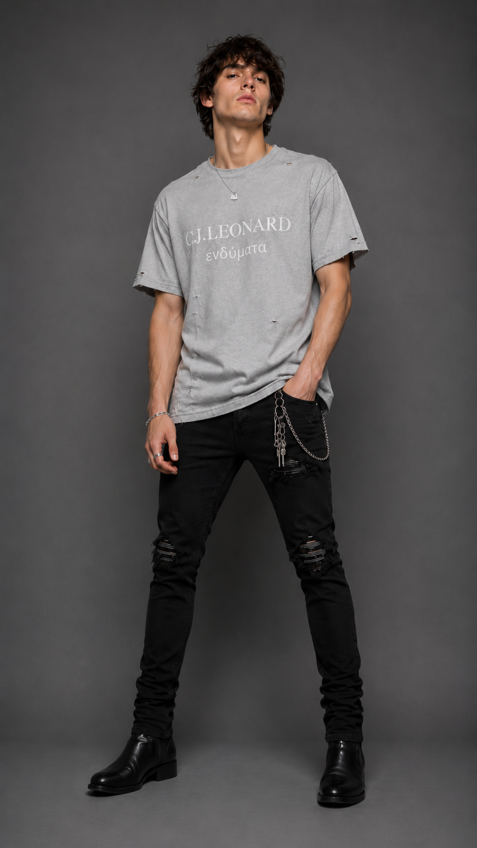 Grey Signature Distressed Tee (Ships Immediately)