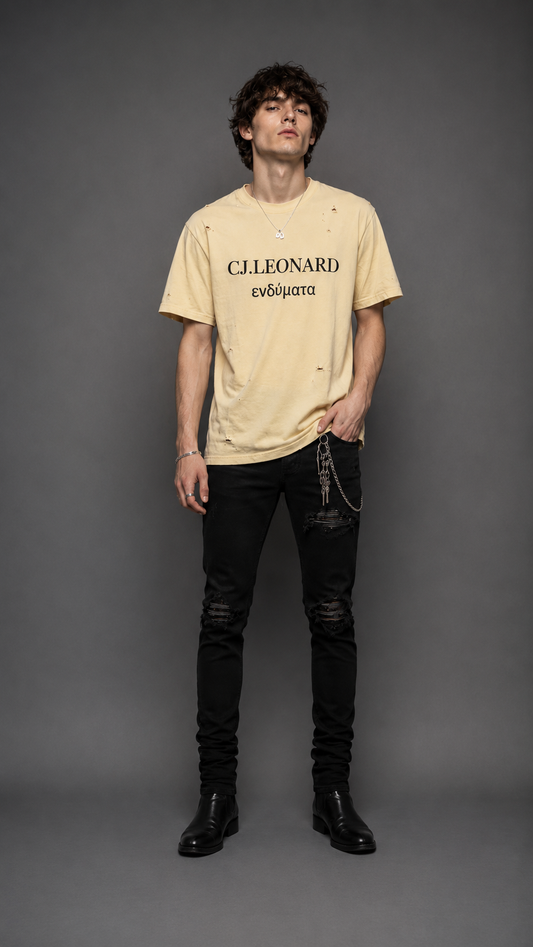 Cream Signature Distressed Tee (Ships Immediately)