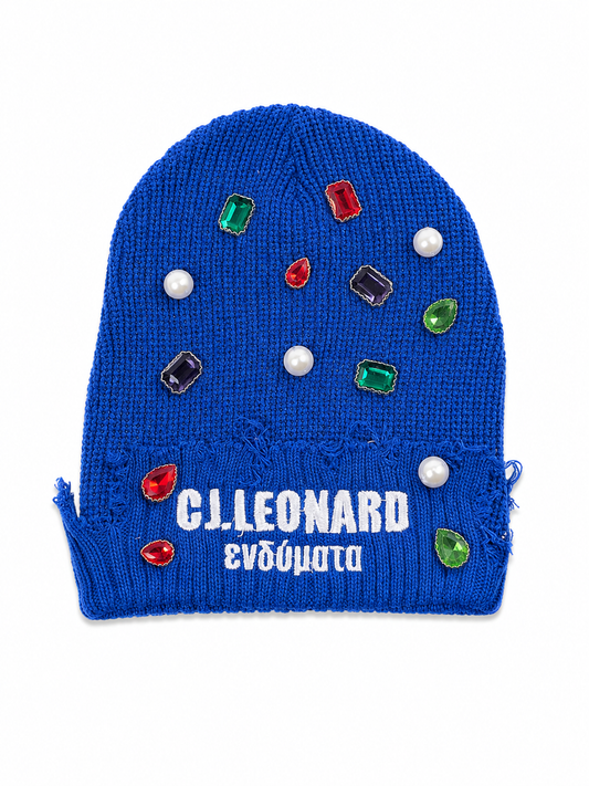 Blue Distressed Stones & Pearls Beanie (Ships Immediately)
